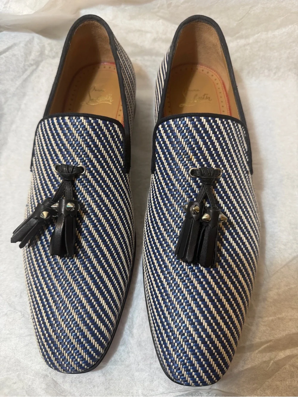 Christian Louboutin Navy & White Woven Tassel Loafers